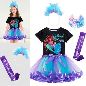 Unicorn Birthday Mermaid Outfit Set Tutu Skirt, Shirt, Headband & Satin Sash
